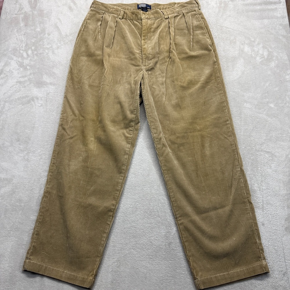 Vintage Polo Ralph Lauren Pants 36x28 Tan Corduroy Pleated Relaxed Fit Trousers‎